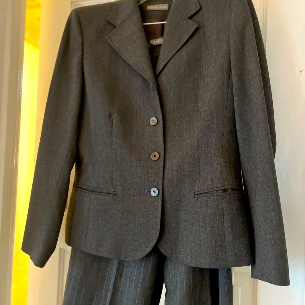 Kate Hill grey suit with grey blue pinstripe wide leg trousers. Size 12.